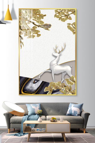 铂金漂浮海报模板_新中式麋鹿 银杏白色珐琅彩装饰画