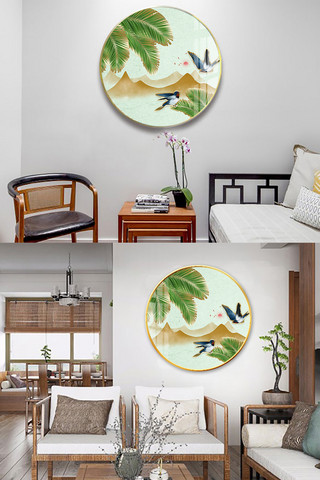 新中式燕子 春天绿色复古装饰画