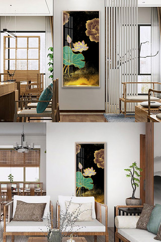 花鸟植物海报模板_珐琅彩荷花黑色金箔装饰画