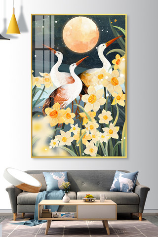 装修简约风格海报模板_室内装饰画花朵黄色简约风格装修效果图