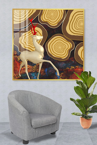 铂金漂浮海报模板_新中式麋鹿黑色古典装饰画