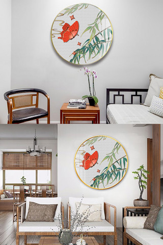 圆形古典中国风海报模板_中国风蝴蝶绿色复古装饰画