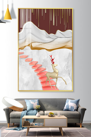新中式复古海报模板_新中式楼梯粉色简约装饰画