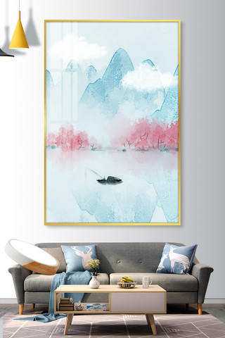 林海报模板_装饰画山、桃花林蓝色中国风装修效果图