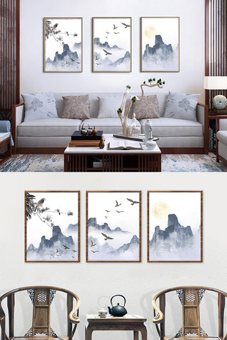 中式客厅装饰画海报模板_中式山水灰色水墨装饰画