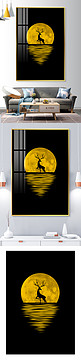 剪影月亮麋鹿黄色抽象室内装饰画