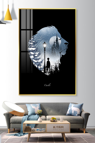 恶魔城堡海报模板_魔幻城堡雪景城堡蓝色抽象剪影室内精美装饰画挂画