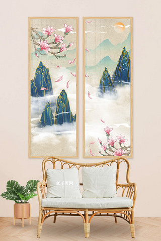 水墨画装饰画海报模板_山水玉兰花粉色中国风室内装饰画