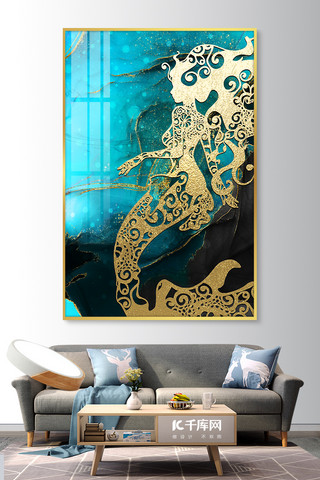 美人鱼装海报模板_海美人鱼蓝色金色剪影抽象室内精美装饰画