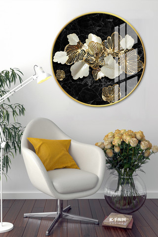 立体黑海报模板_圆形单联立体叶子黑金色北欧轻奢室内客厅装饰画