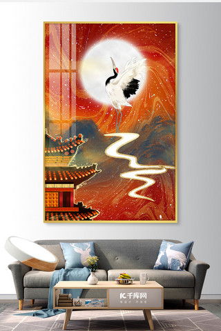 中式客厅装饰画海报模板_新中式装饰画仙鹤 祥云红色新中式室内装饰画