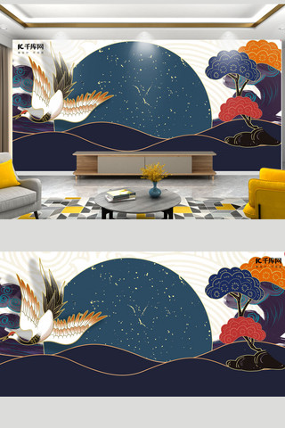 新中式现代海报模板_新中式现代背景墙中式元素蓝色中国风室内背景墙