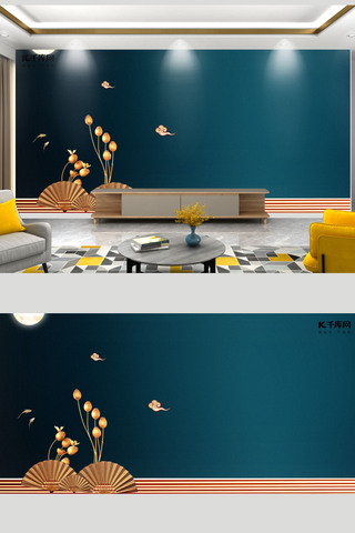 现代极简风海报模板_新中式背景墙中式元素蓝色中国风室内背景墙