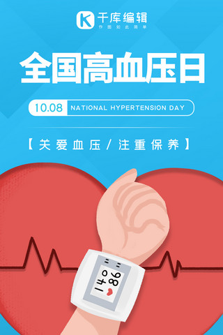 全国高血压日血压仪蓝色系剪纸风手机海报