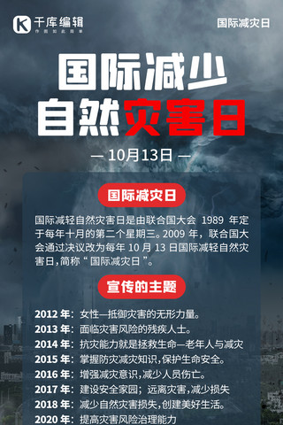 国际减少自然灾害日台风蓝黑色创意手机海报