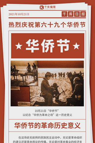 革命诗歌海报模板_华侨节革命照片红色复古风手机海报
