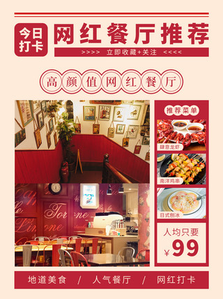 网红餐厅推荐美食红色复古风小红书封面