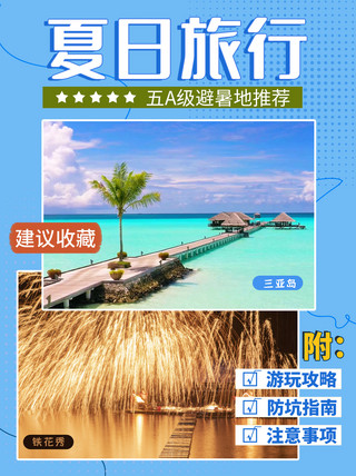 杂志海报模板_夏日旅行景点蓝色杂志风小红书