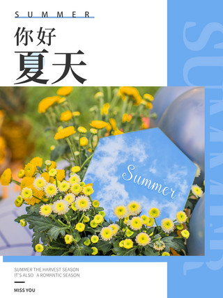 杂志海报模板_夏天你好雏菊蓝色杂志风小红书