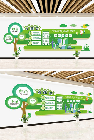 企业文化墙历程海报模板_环境保护节能减排几何图形绿色简约企业文化墙ps模板