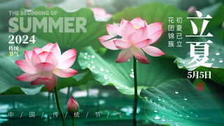 夏季banner海报模板_二十四节气立夏荷花绿色创意横版海报手机广告海报设计图片