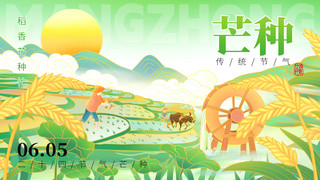 二十四节气芒种稻田绿色创意横版bannerps手机海报设计