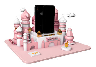 C4D粉色少女系城市风小城堡手机广告