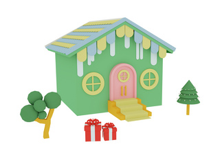 绿色卡通立体插画小房子 C4D立体房子