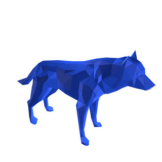 一家三口动物海报模板_C4Dlow-poly风格蓝色的野狼低面模型