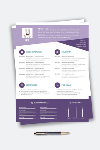 紫色简约时尚创意英文金融行业求职简历