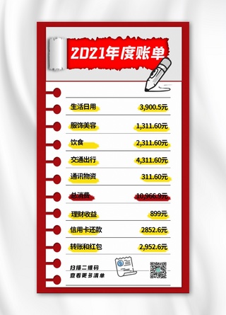 账单海报模板_2021年度账单笔记红色简约手机海报