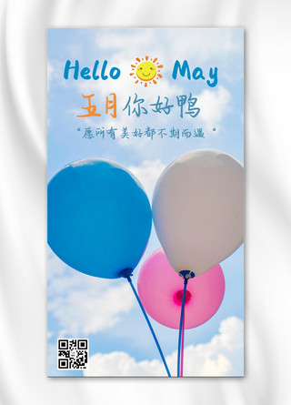 五月你好鸭气球蓝色摄影图手机海报