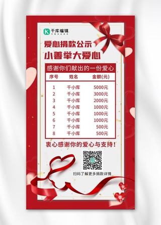 爱心捐款公示爱心丝带红色简约手机海报
