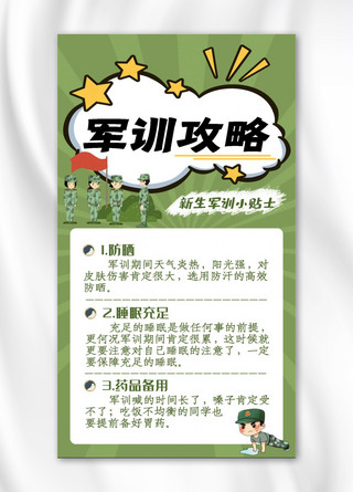 入学攻略海报模板_军训攻略人物绿色卡通手机海报