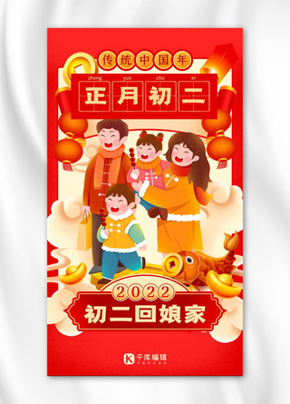 正月初二新年习俗红色中国风创意系列海报