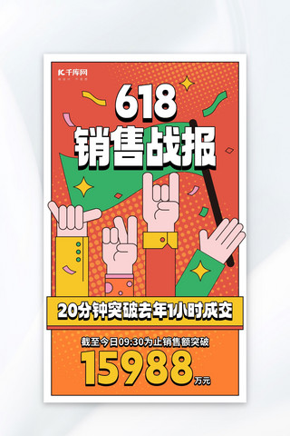 孟菲斯618海报海报模板_618销售战报橙红色孟菲斯海报