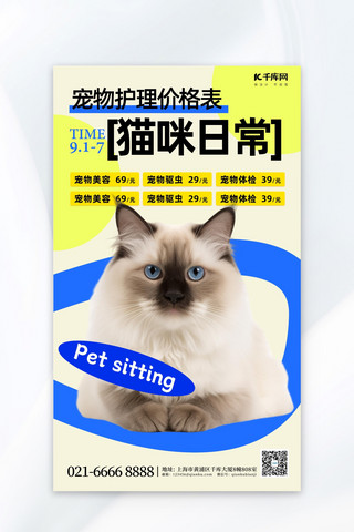 猫咪游泳圈海报模板_宠物护理猫咪蓝色简约促销广告营销海报