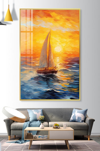 落日余晖下的帆船帆船橙色油画装饰画
