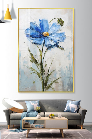 油画装饰画海报模板_抽象油画装饰画花朵蓝色油画装饰画