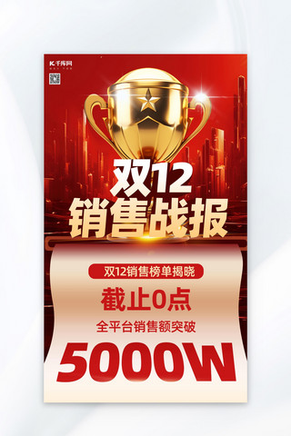双12双十二海报海报模板_双12战报奖杯红金创意大气海报