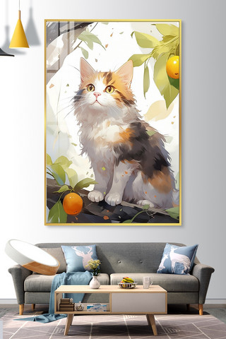 猫咪海报模板_一只猫挂画猫咪浅色油画装饰画