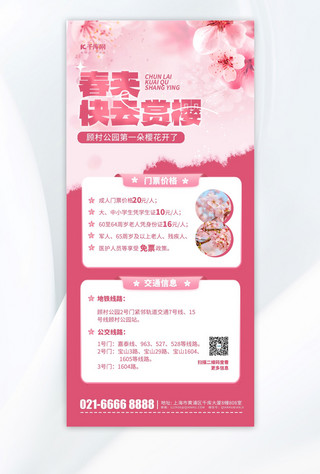 海报模板_春季赏樱旅游促销宣传粉色简约风长图海报海报设计模板