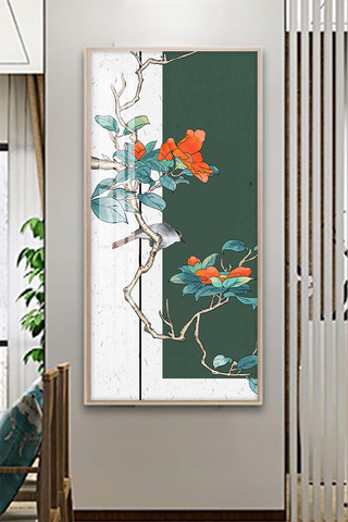 中国风装饰画中国花卉白色 绿色复古文艺装饰画