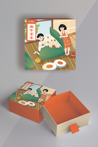 伙伴海报模板_端午礼盒和伙伴制作粽子橙色简约方形包装