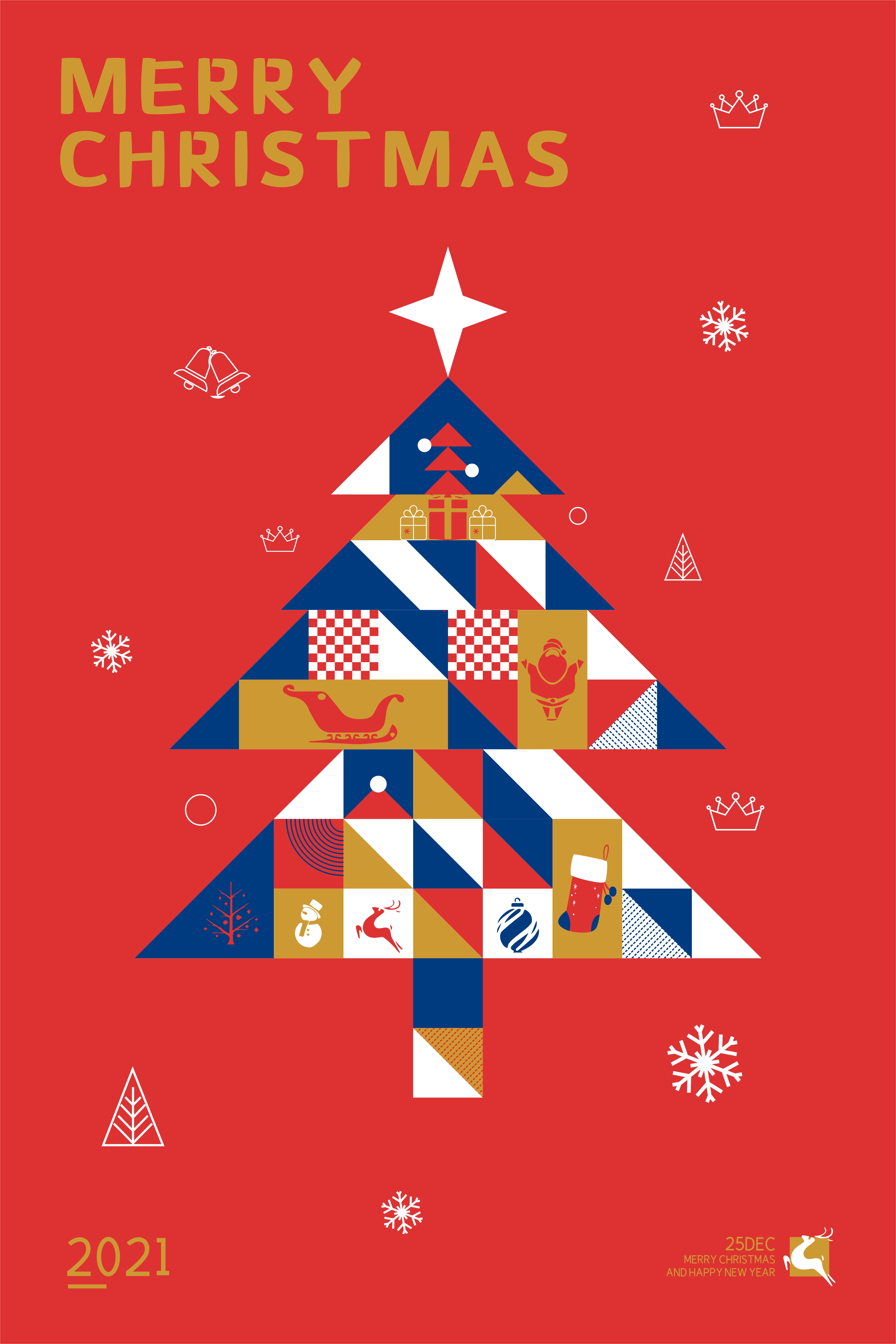圣诞节圣诞树红色 金色 蓝色几何海报图片