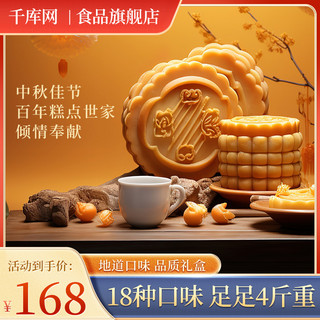 月饼国潮海报模板_中秋佳节促销月饼黄色简约电商主图