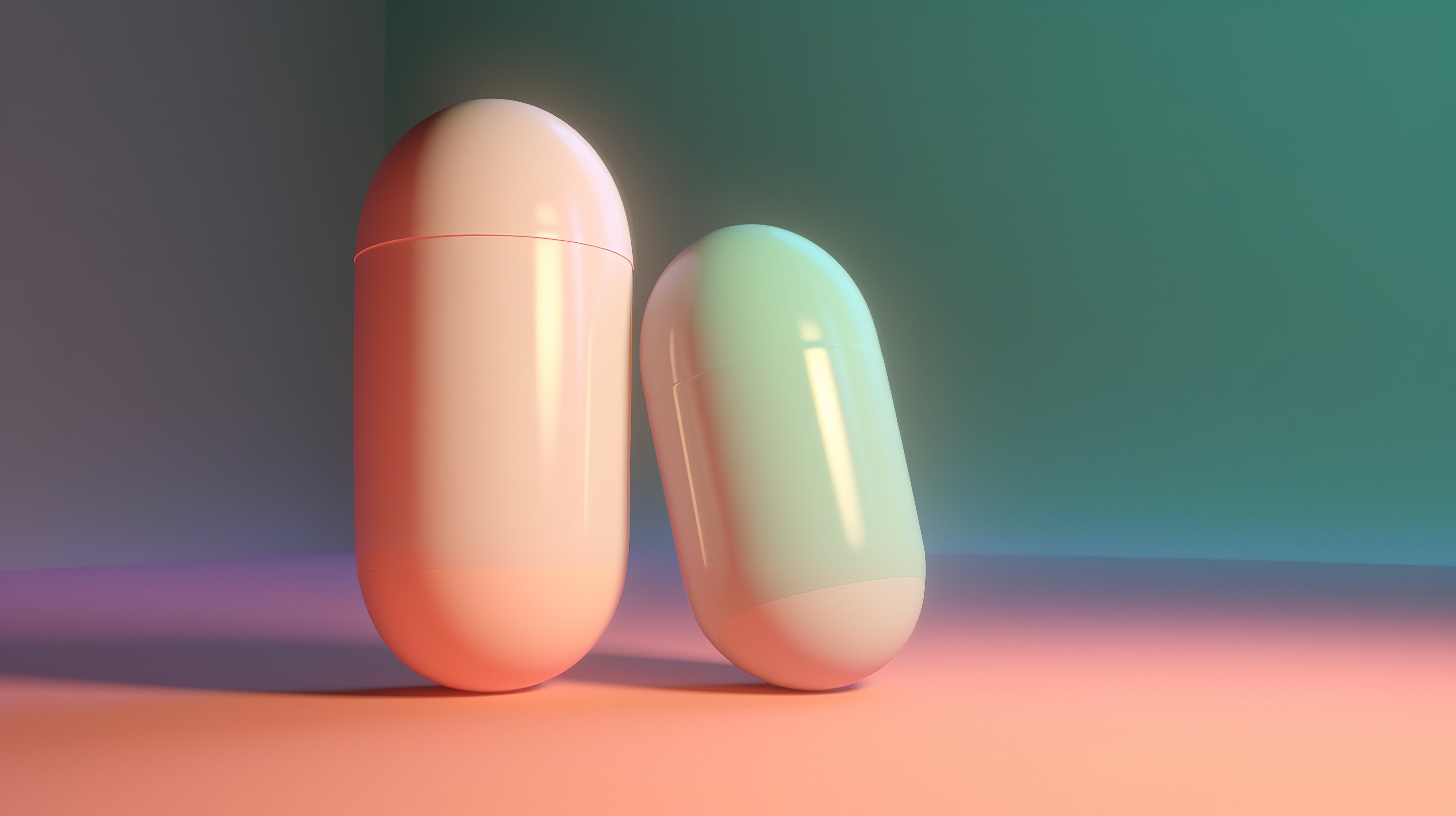 柔和的背景与两个药胶囊在 3D 渲染和充足的复制空间图片