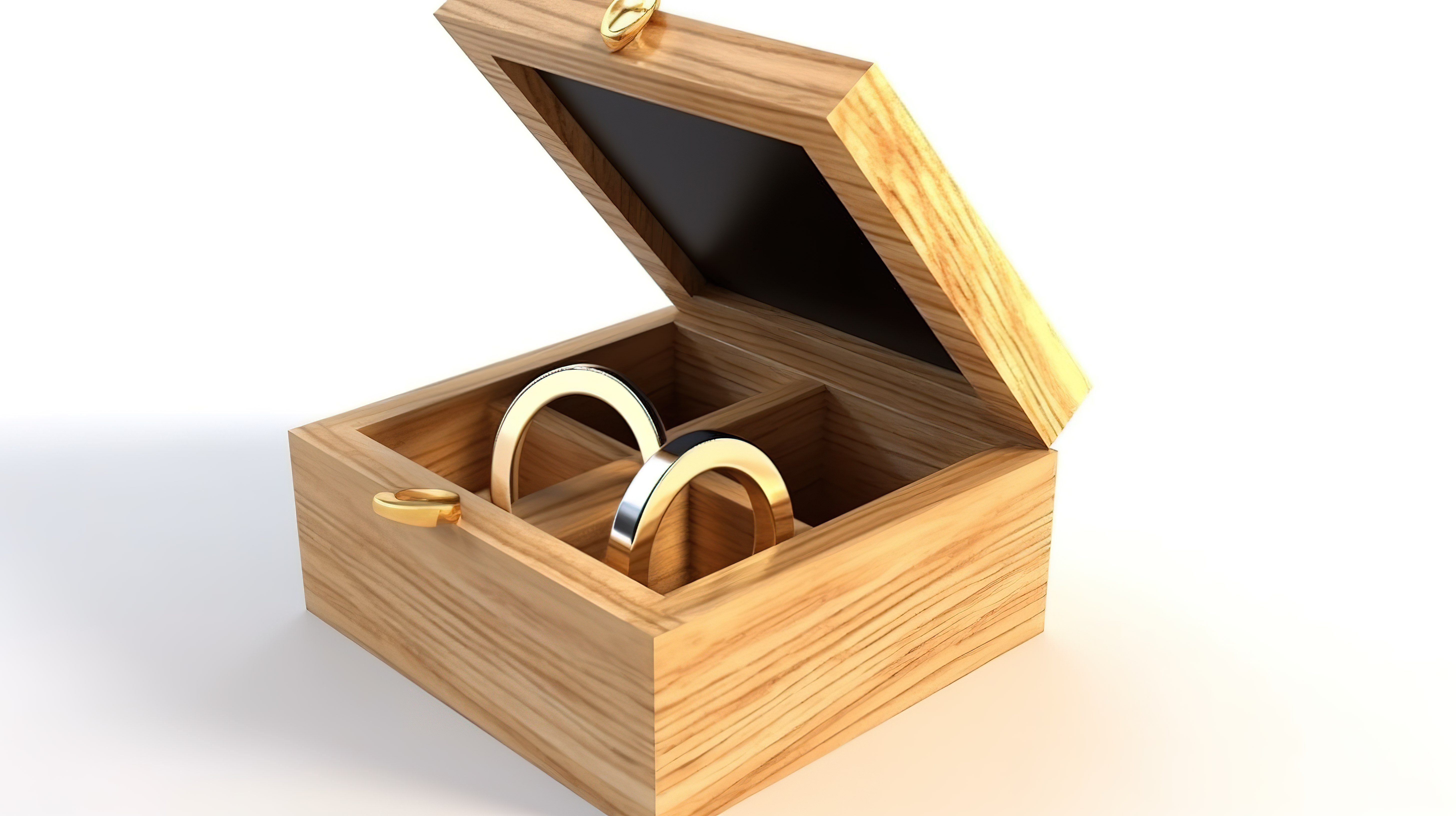 木漆礼盒中的结婚戒指 3d 渲染，白色背景上带有绝缘层图片