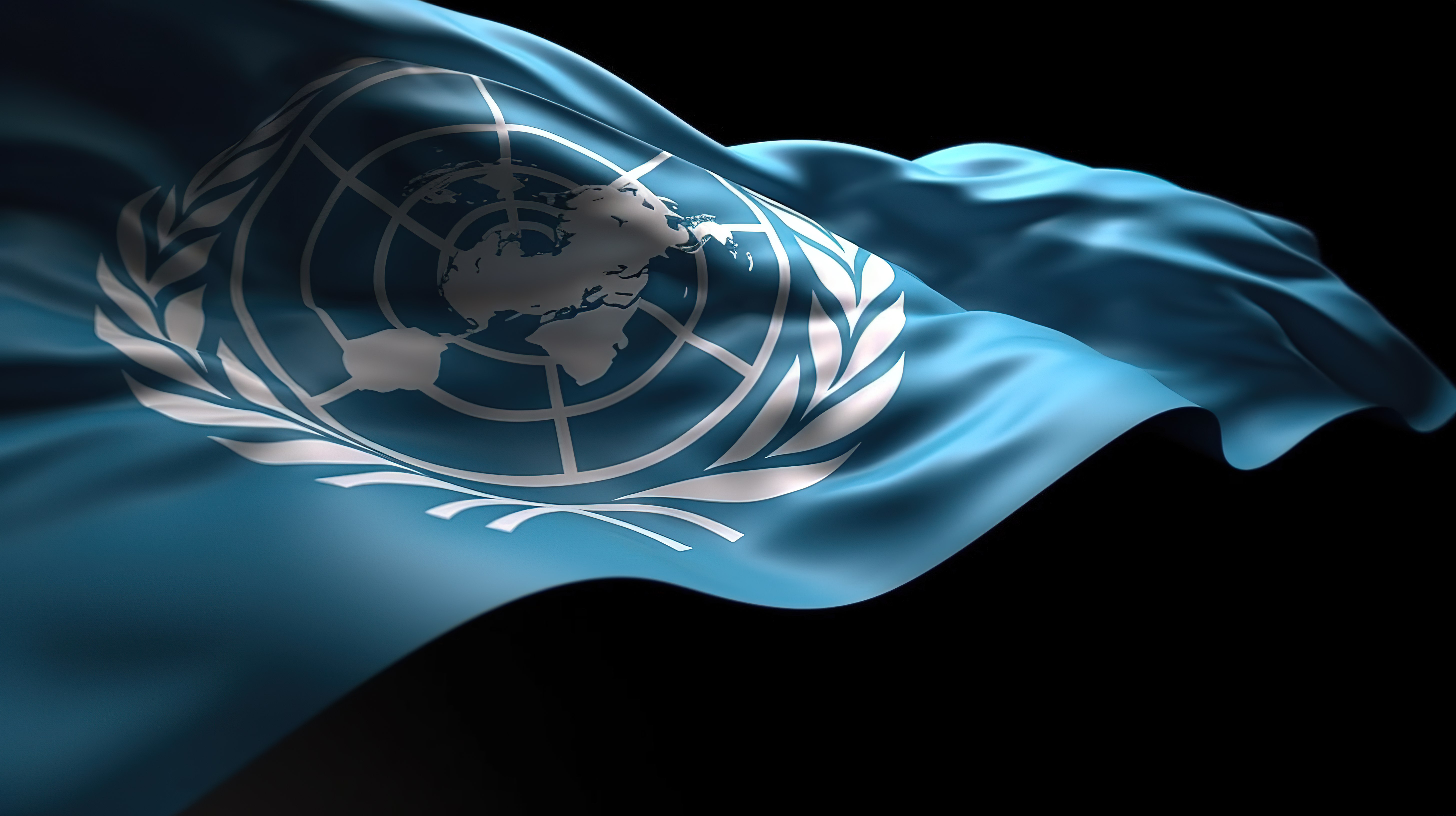 流畅流动的联合国旗帜在华丽的 3D 渲染中随着运动的波浪在风中飘扬图片