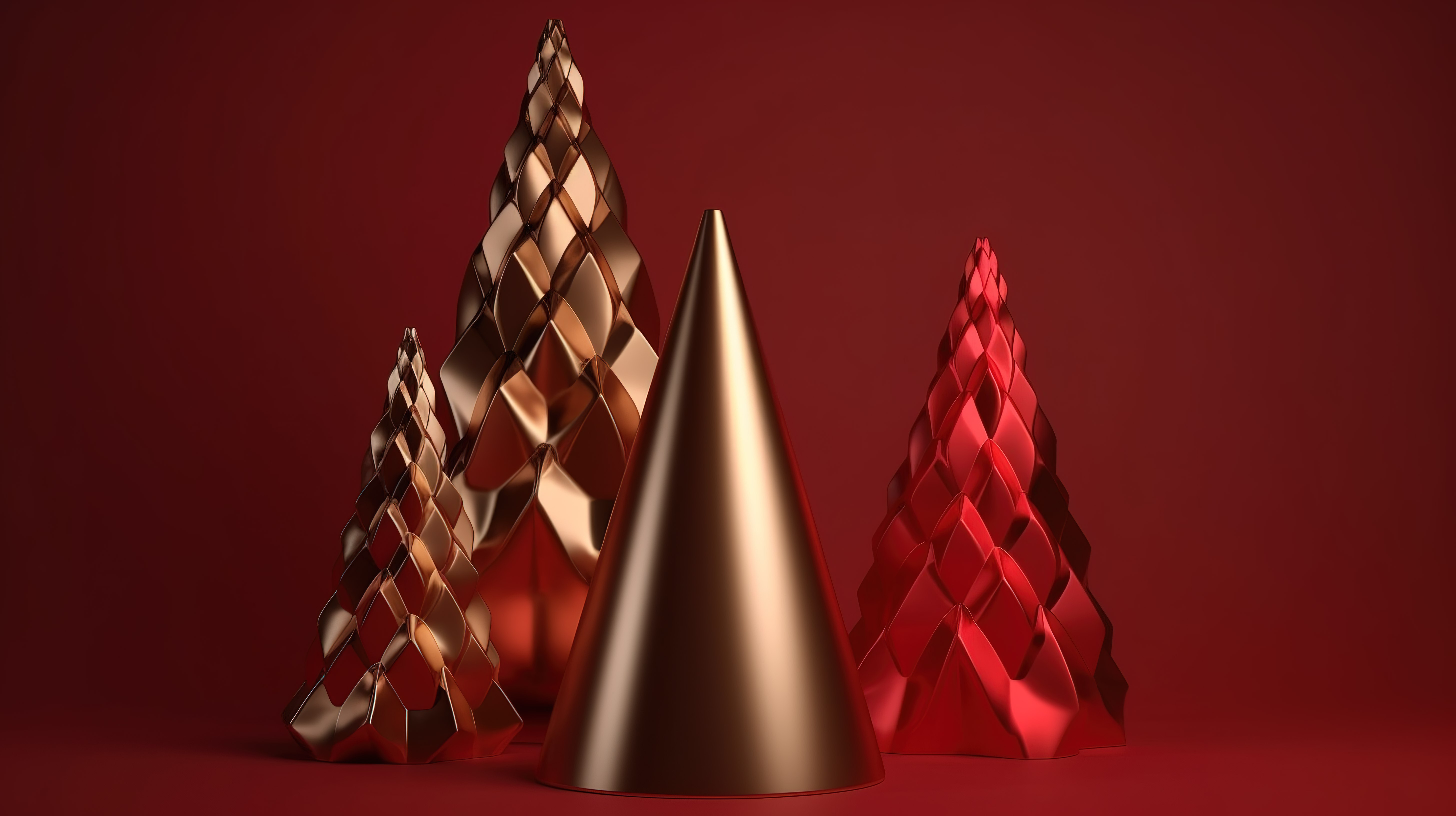 金色金属红色抽象圣诞树锥体 3D 呈现完美的假日季节图片